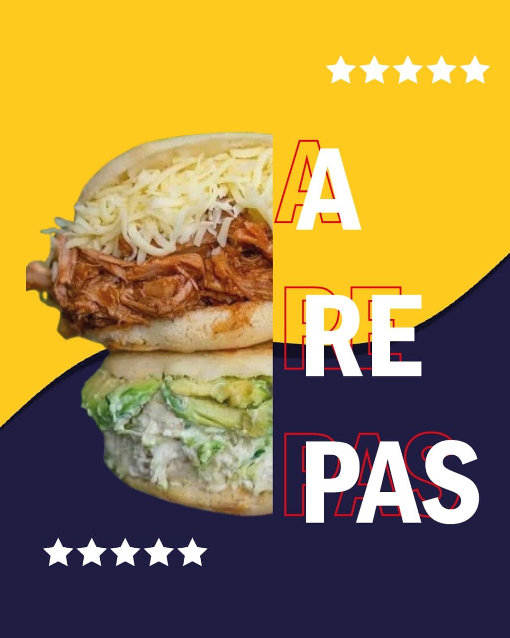 Arepas, rellenas de carne y aguacate, con fondo amarillo y azul.