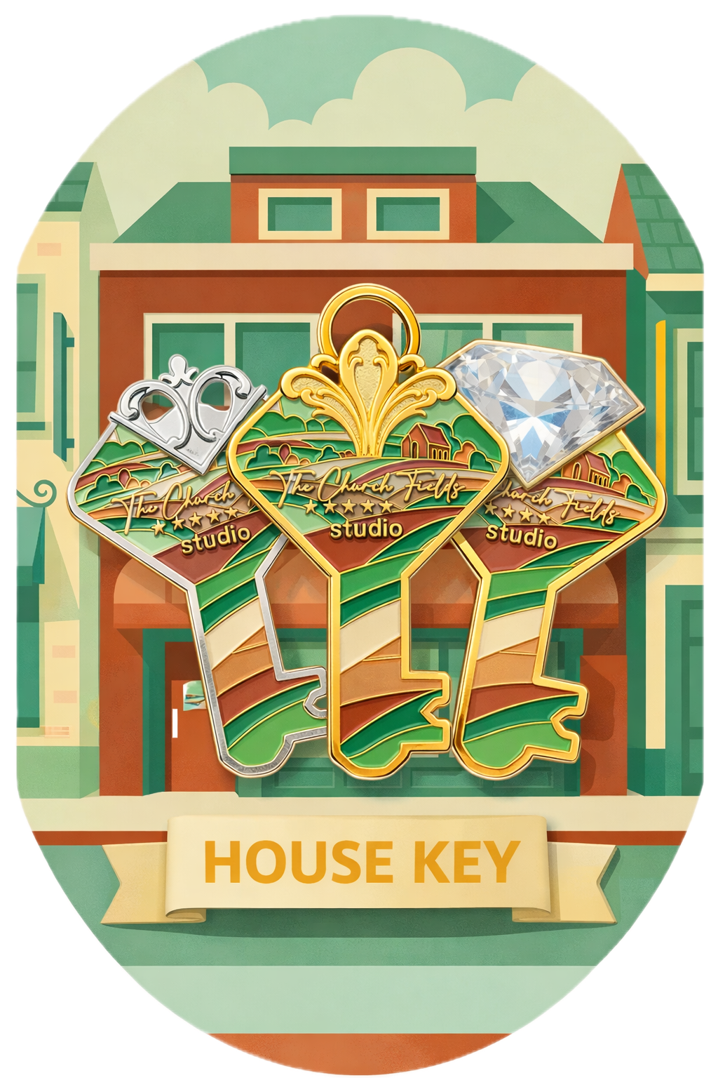 Drie sleutels versierd met diamanten en groene landschappen tegen een bruine achtergrond van een gebouw met een banner met de tekst