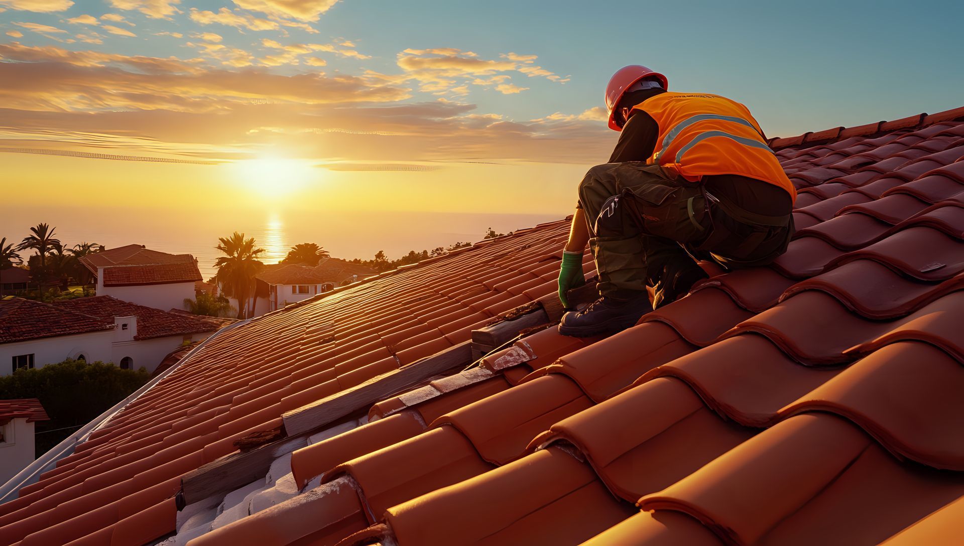 A worker wearing safety gear applying sealant to roof tiles using a caulking gun during repair