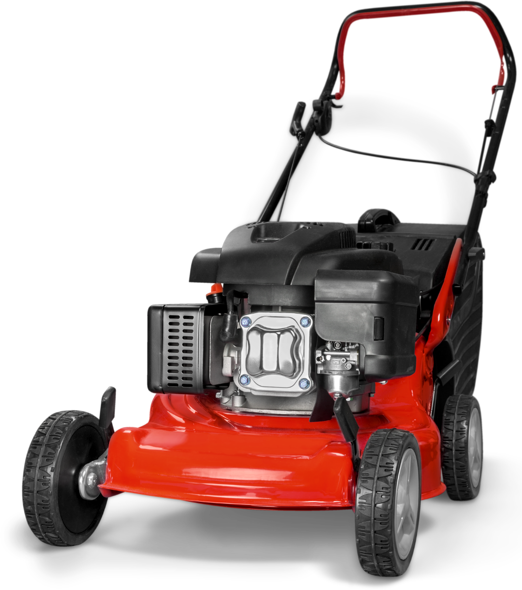 Red lawnmower with black handle and engine, set against a white backdrop.