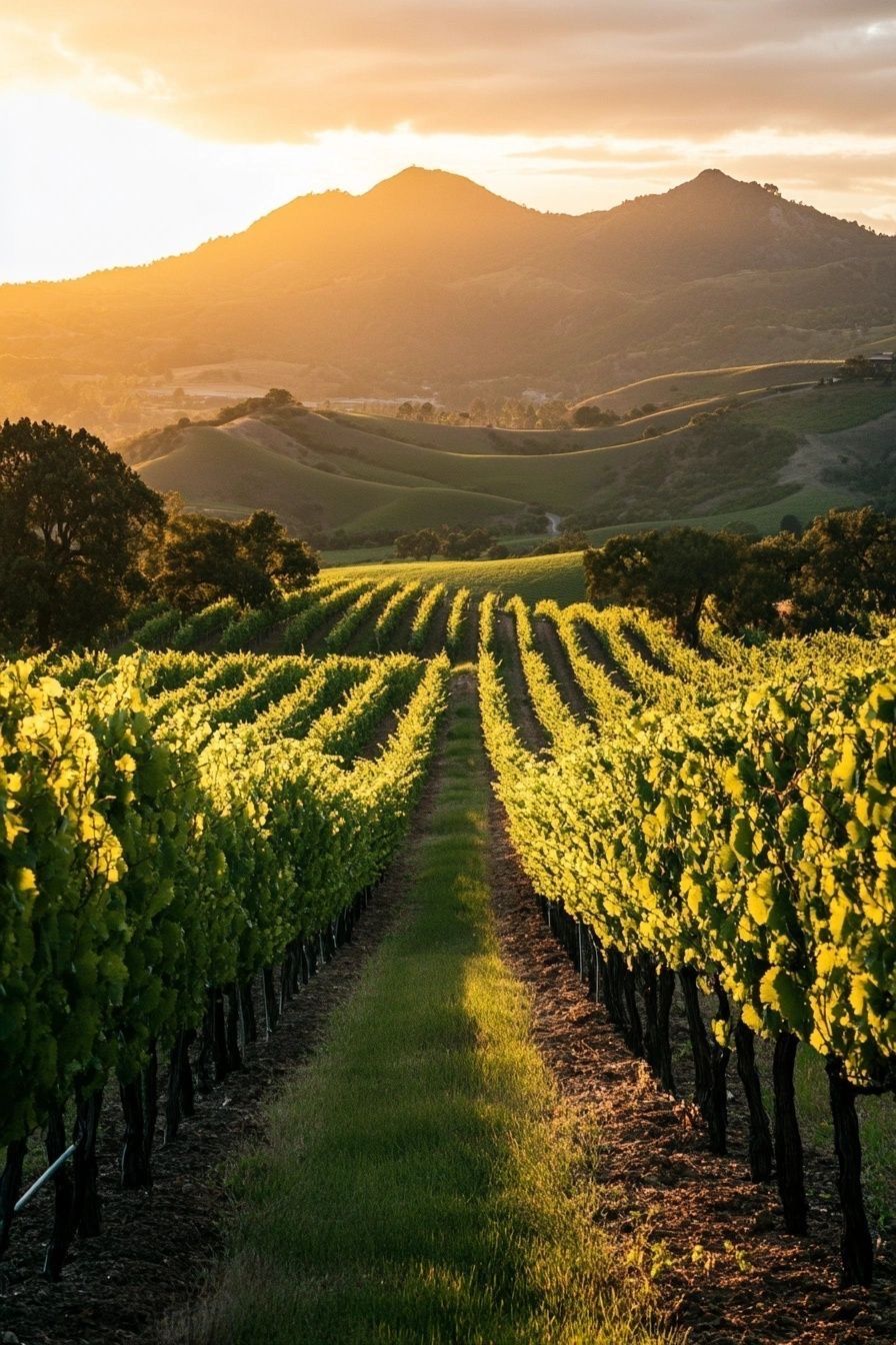Vineyard at sunset; rows of grapevines, golden light on leaves, mountains in background.