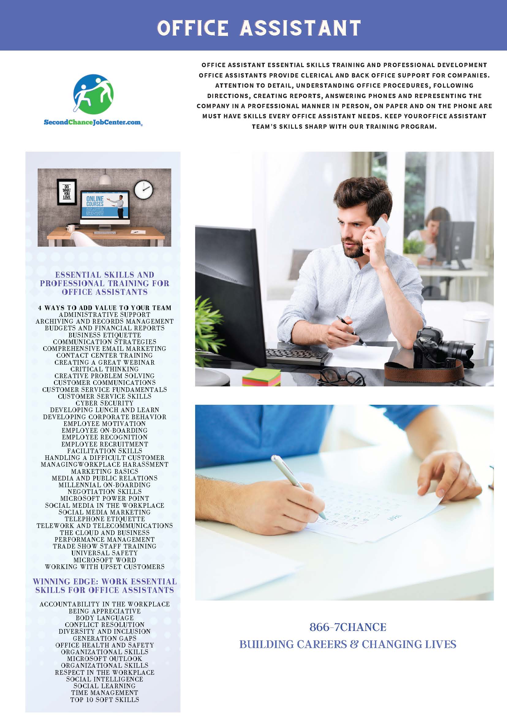 A man is sitting at a desk talking on a cell phone and writing on a piece of paper.