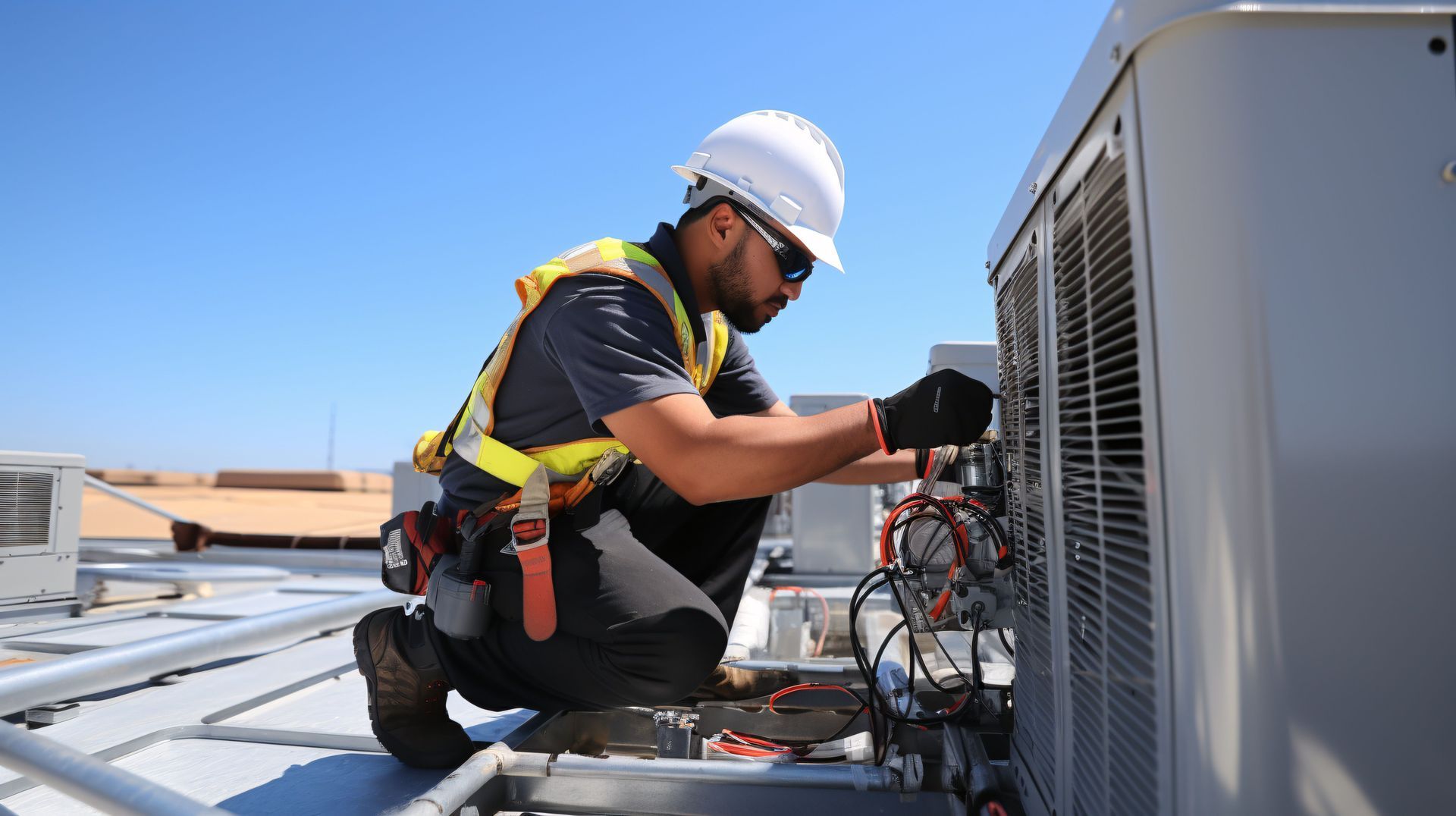 A technician performs expert HVAC services on residential cooling unit. A technician performs expert HVAC services on residential cooling unit.