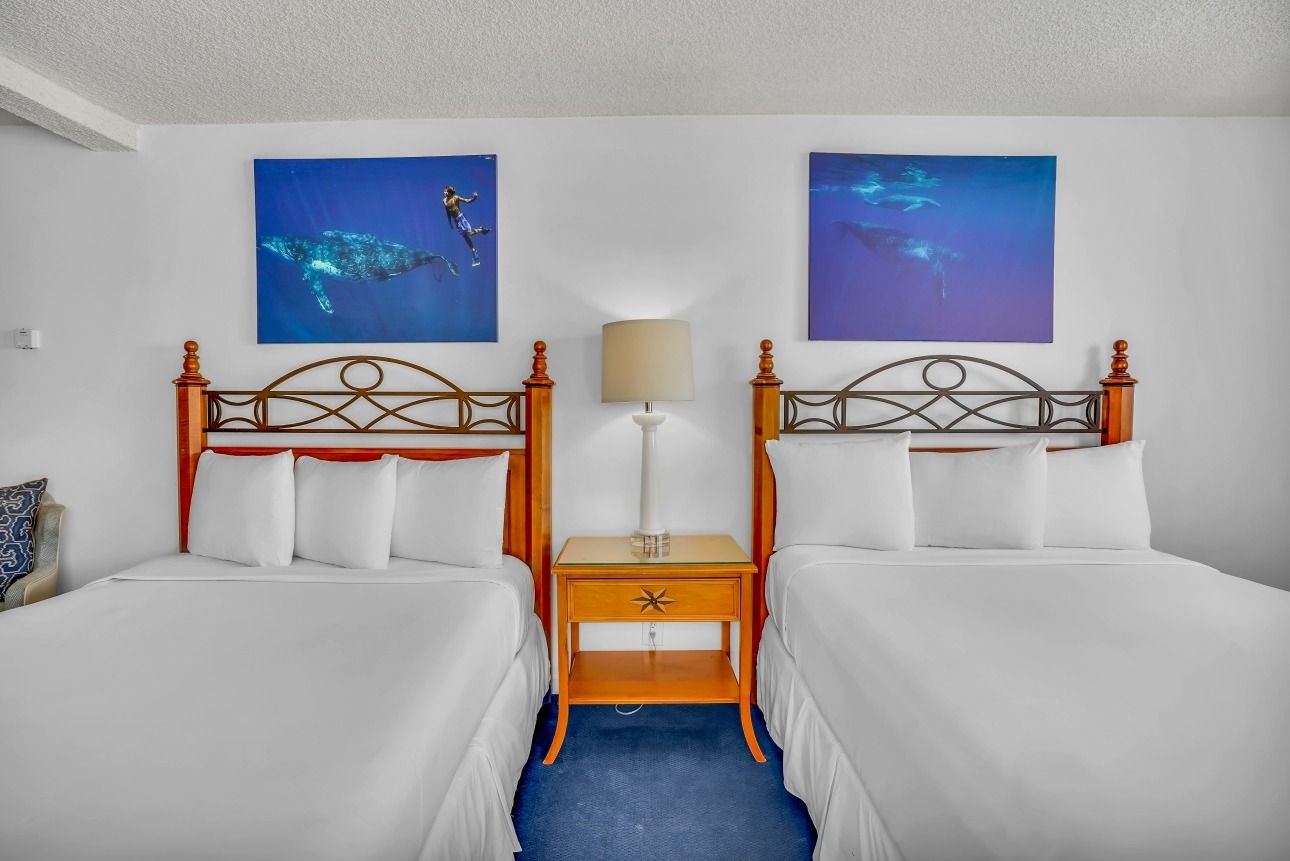 Two white beds with wooden headboards separated by a nightstand and lamp, under two blue ocean-themed wall paintings.