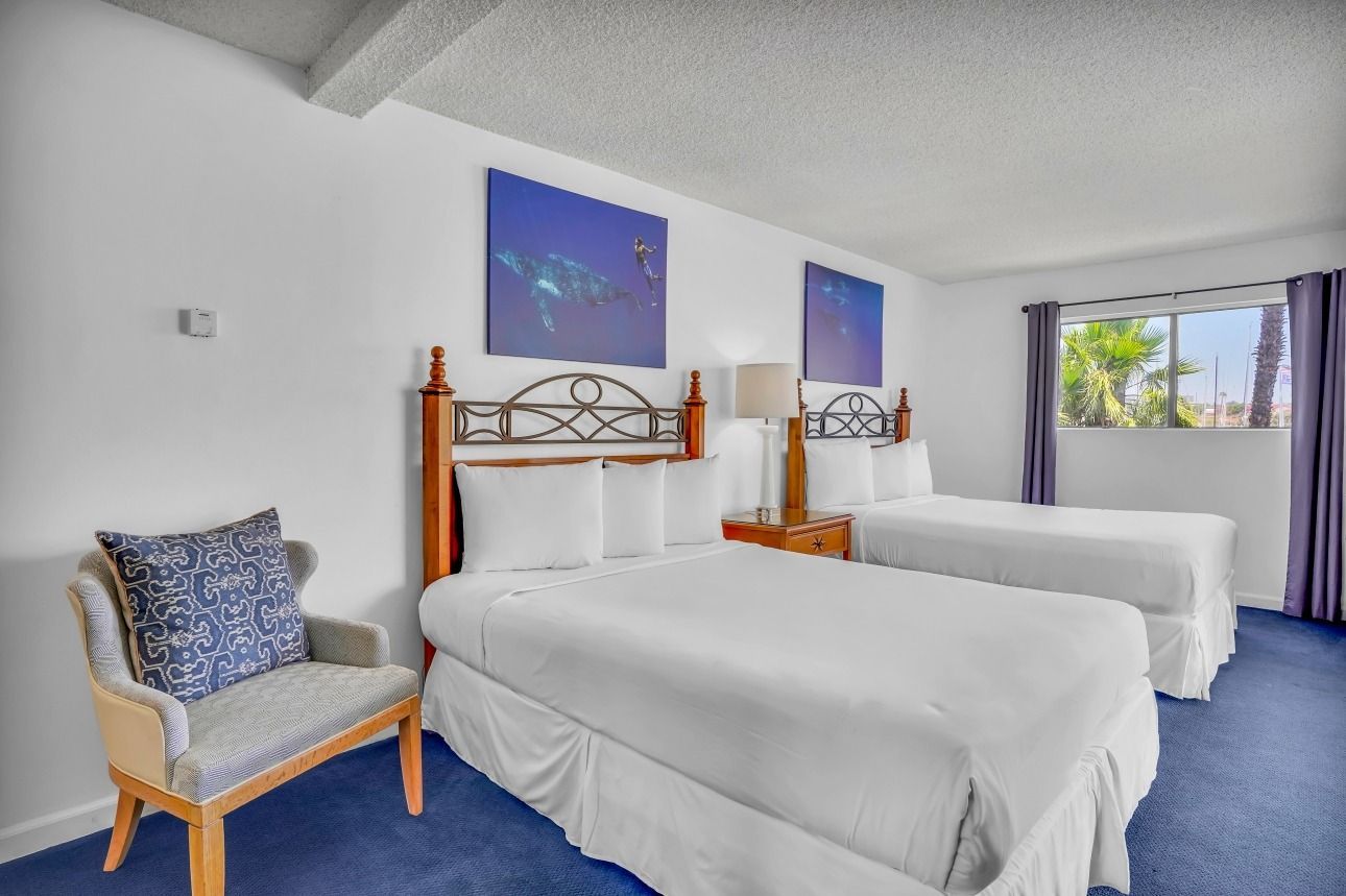 A hotel room with two beds with white bedding, wooden headboards, blue carpet, a patterned accent chair, and window view.