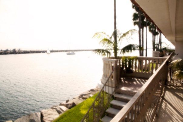 Balcony overlooking a harbor with water, rocks, and palm trees. Sunny day with bright sky.