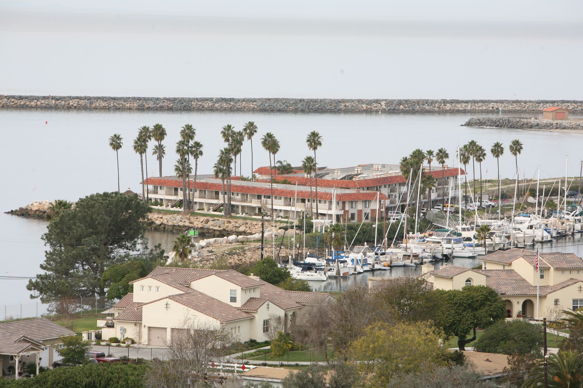 Marina with boats, buildings, and palm trees, near a stone breakwater. Cloudy day.