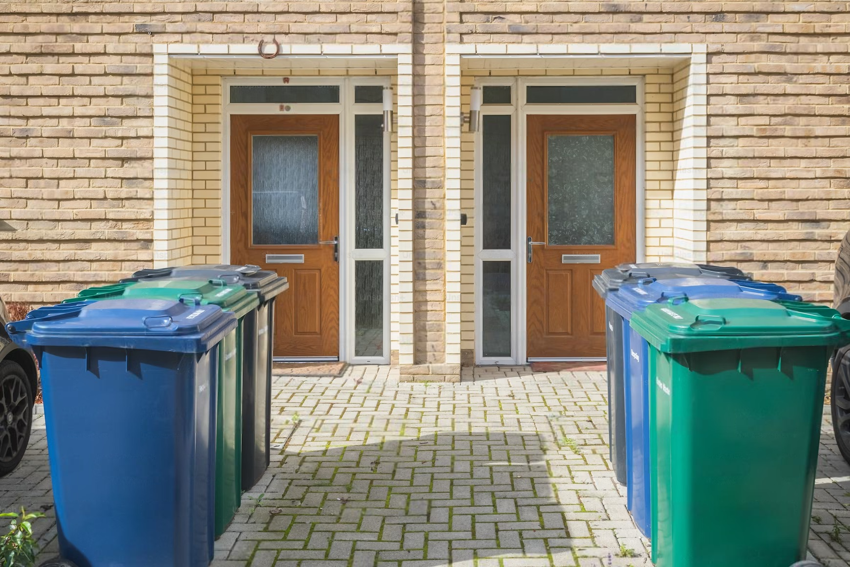 a row of trash cans are lined up in front of a brick building .