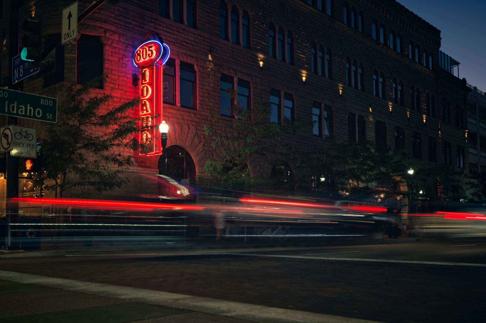 Long-exposure shot of a neon 