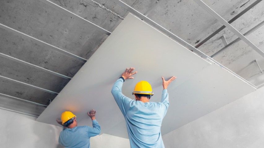 Two workers in yellow hard hats installing a large wall panel indoors