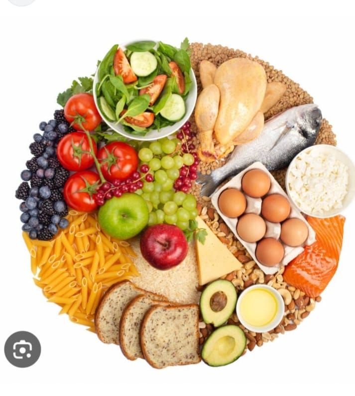Una colorida composición circular de diversos alimentos saludables: frutas, verduras, cereales, proteínas y grasas.