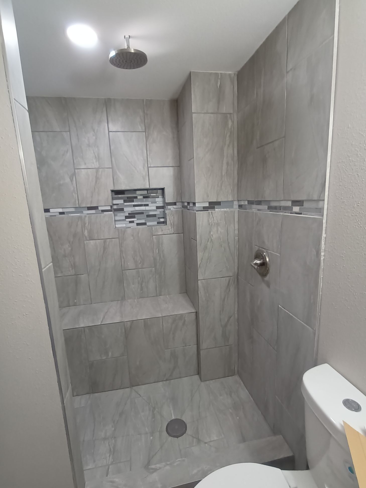 A bathroom with a toilet and a walk in shower.