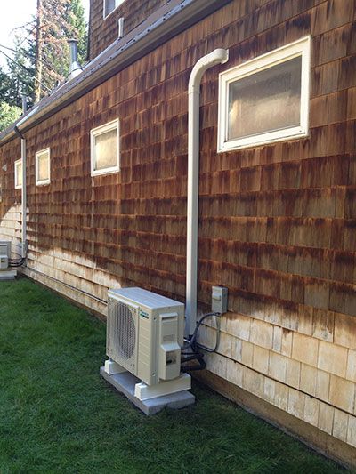 An air conditioner is installed on the side of a house.