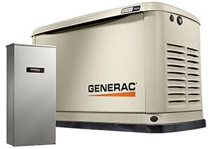 A generator is sitting next to a box on a white background.