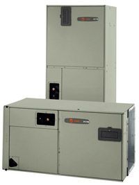 Two air conditioners are stacked on top of each other on a white background.