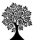 A black and white silhouette of a tree with swirls and leaves.