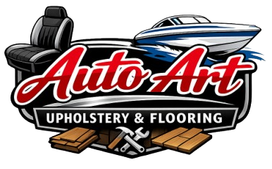 Logo for Auto Art Upholstery & Flooring featuring a car seat, a boat, and flooring tools over a black and silver emblem.
