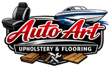 Logo for Auto Art Upholstery & Flooring featuring a car seat, a boat, and flooring tools over a black and silver emblem.