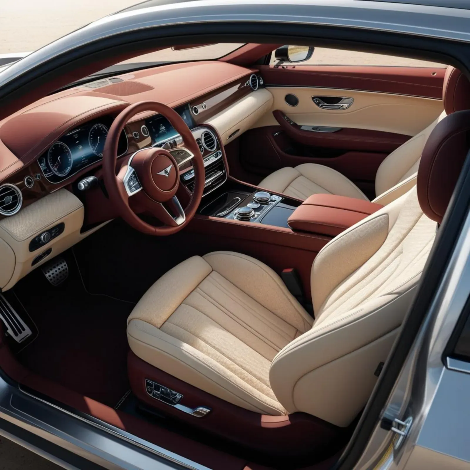 The luxurious cream and burgundy leather interior of a modern car, featuring a prominent steering wheel and dashboard.
