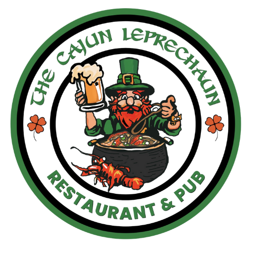 The logo for the cajun leprechaun restaurant and pub shows a leprechaun holding a beer.