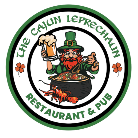 the cajun leprechaun logo with food