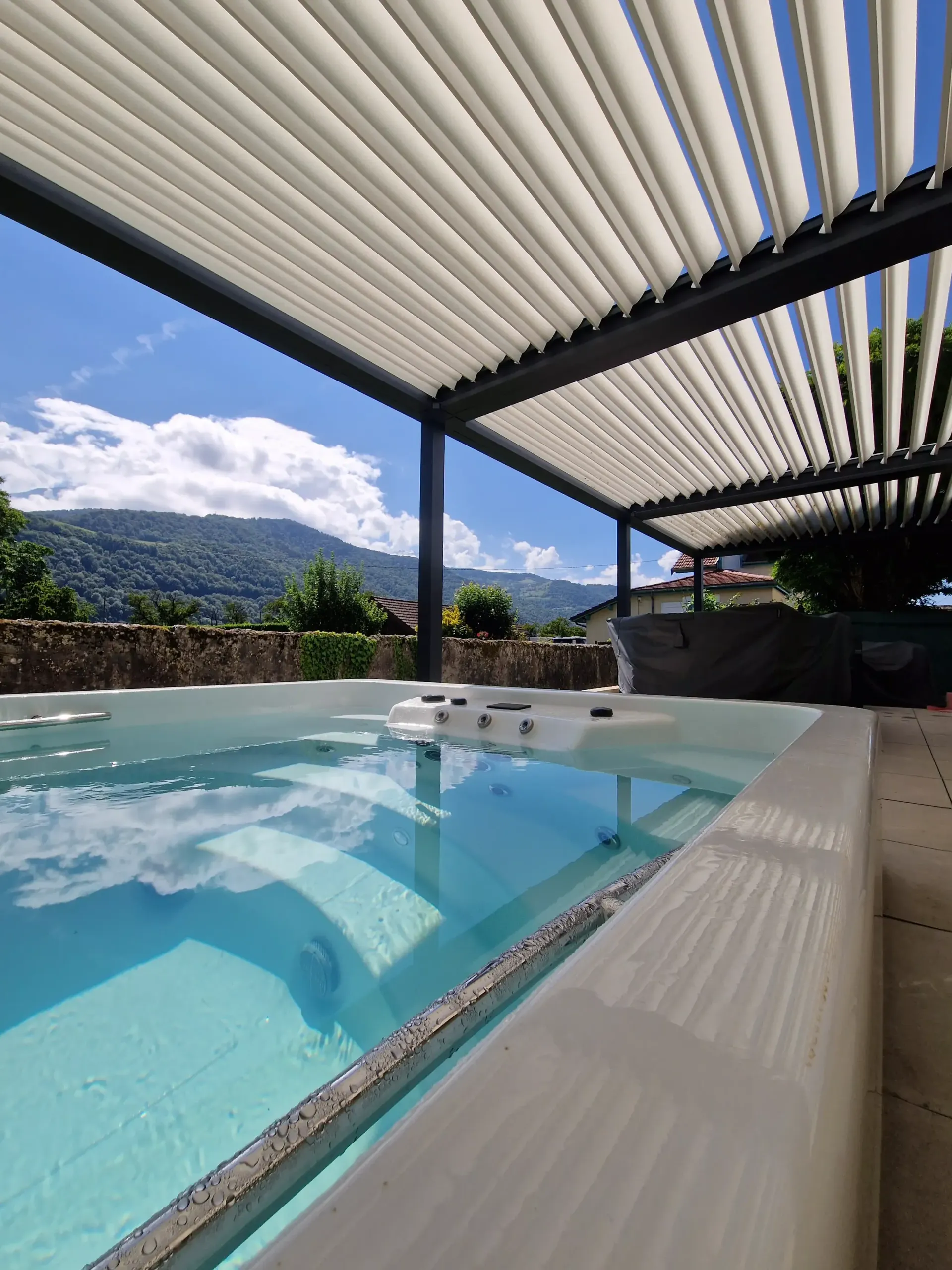 une piscine entourée d' une pergola avec une vue sur les montagnes .