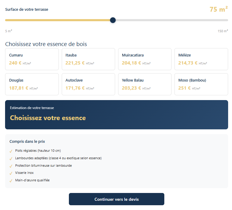 Page web pour choisir l'essence de bois pour une terrasse, présentant les différentes options avec leurs prix et un curseur pour sélectionner la taille de la terrasse.