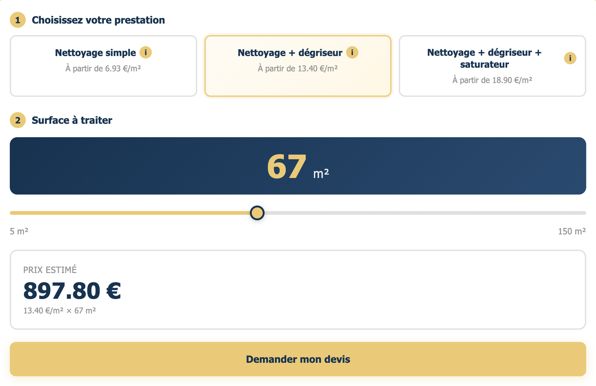 Outil de devis de service de nettoyage : Choisissez le service, le curseur de surface et l’affichage du prix de 897,80 €.