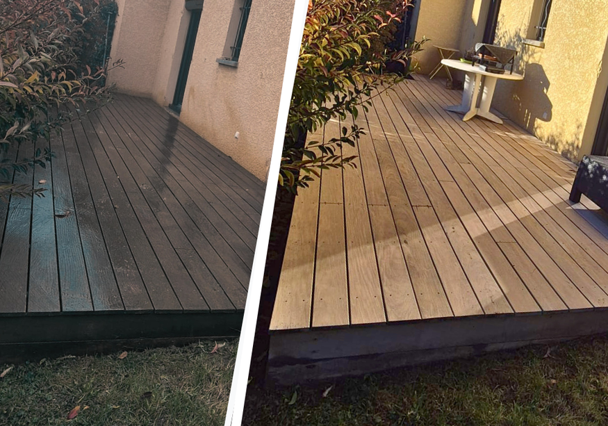 Deux images côte à côte d'une terrasse en bois. L'image de gauche est d'une couleur plus foncée. L'image de droite est d'une couleur plus claire.