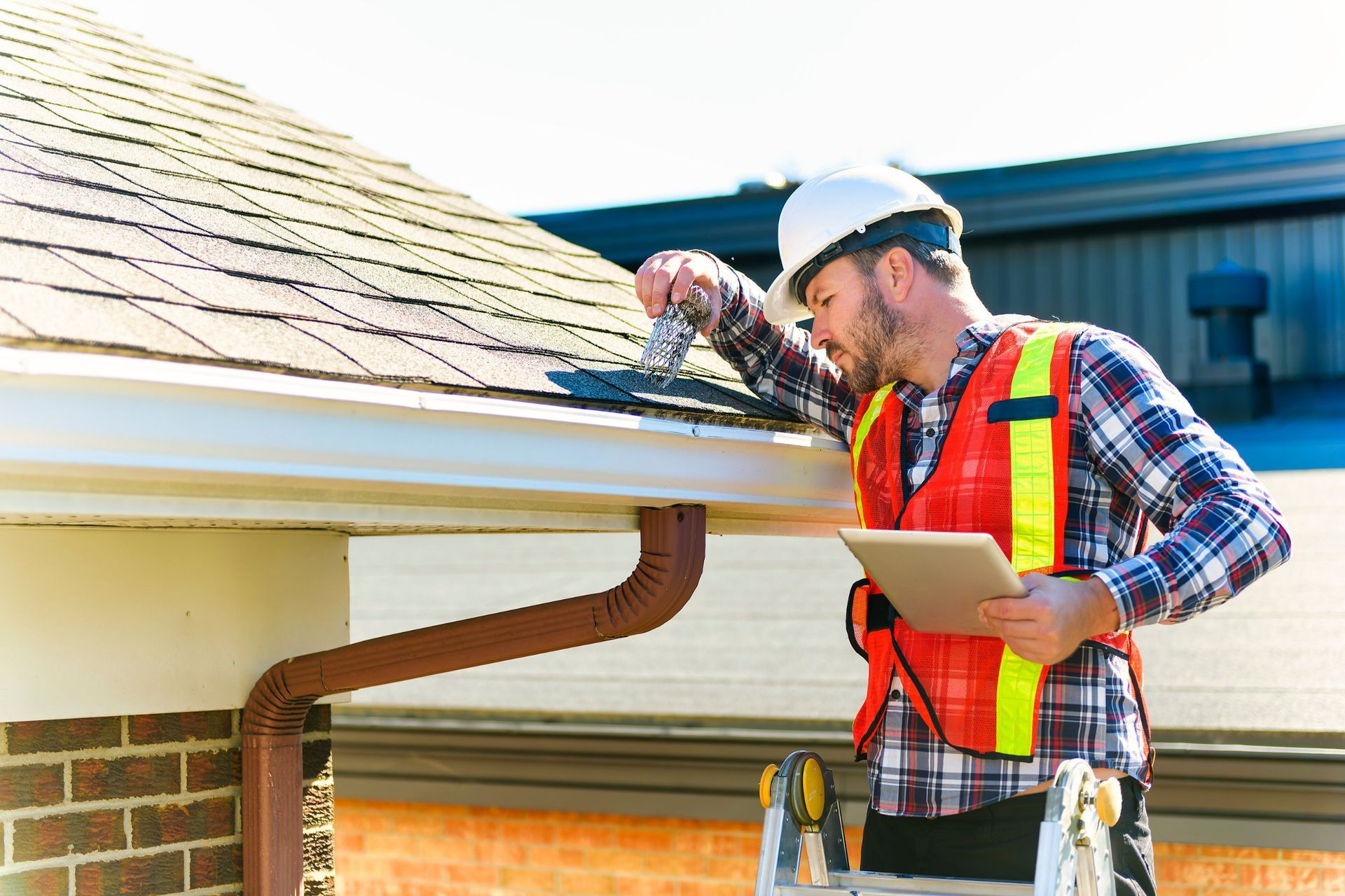 Man in hard hat and vest inspecting roof and gutter, holding a tablet.