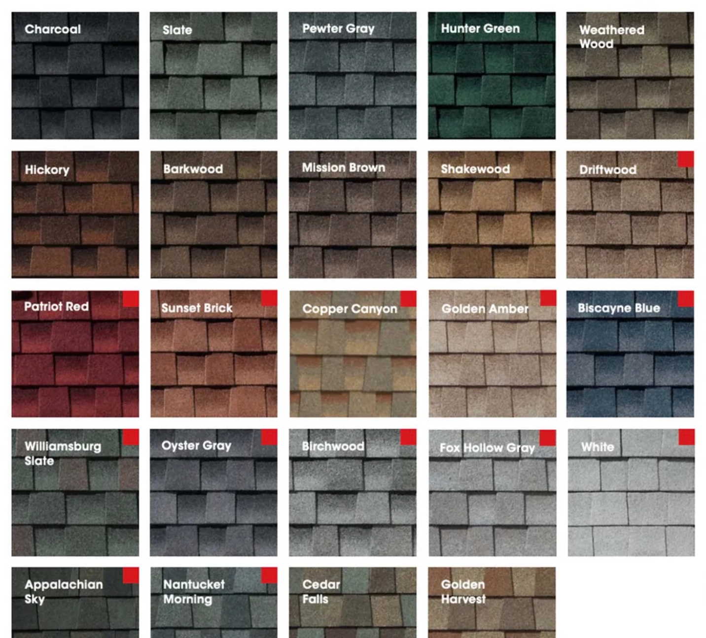 Roof shingle color swatches: charcoal, slate, hunter gray, hunter green, driftwood, and more.