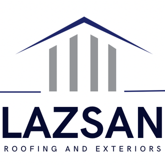 Logo for Lazsan Roofing and Exteriors. Features a blue roofline over gray pillars, with dark blue text reading "LAZSAN" and "ROOFING AND EXTERIORS."