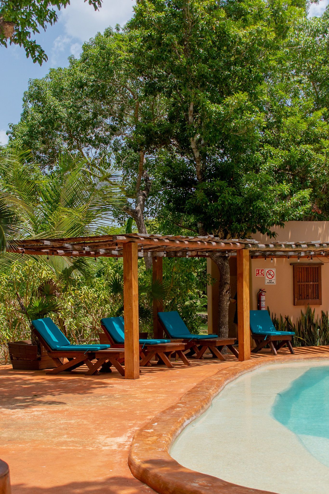 Una piscina con sillas azules y una pérgola rodeada de árboles.
