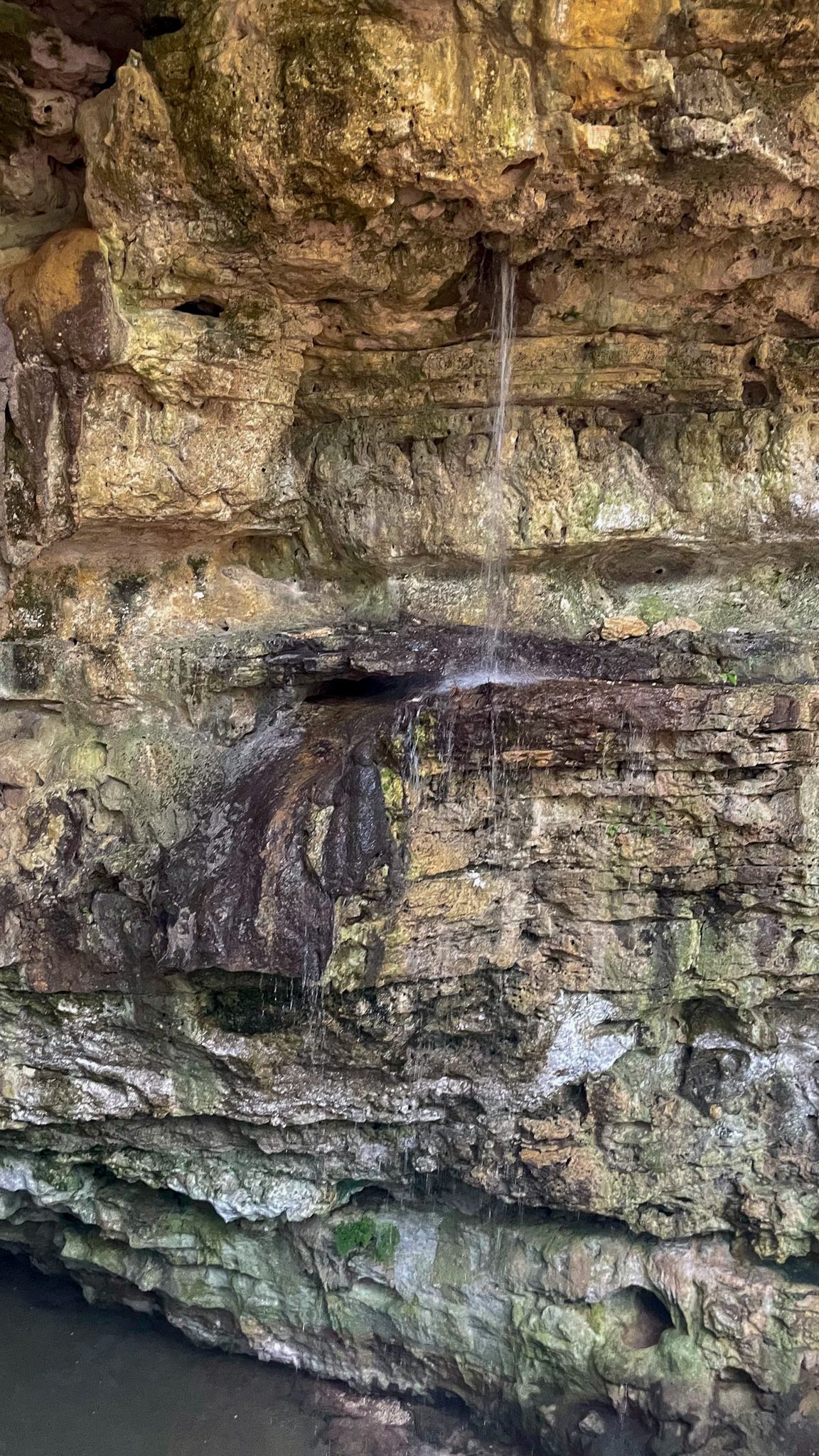 Una cascada baja por una pared de roca hacia un cuerpo de agua.