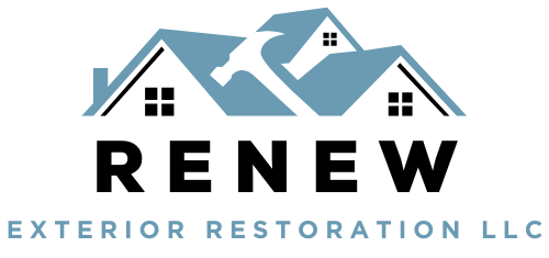 The blue and black color version logo of Renew Exterior Restoration in Pickerington, OH