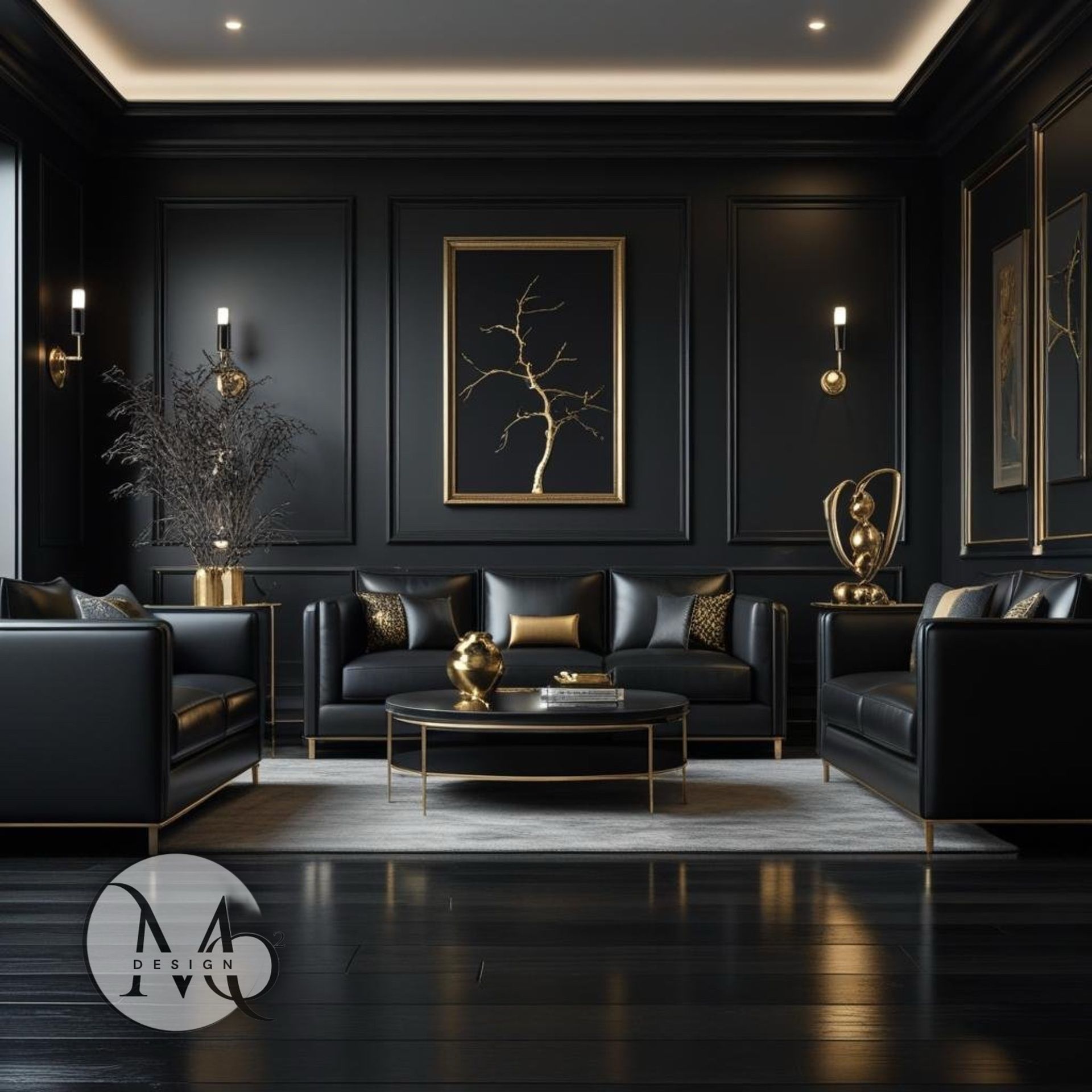 Interior Design Ruislip
Luxurious black living room with gold accents: couches, art, decor on dark wood floor.