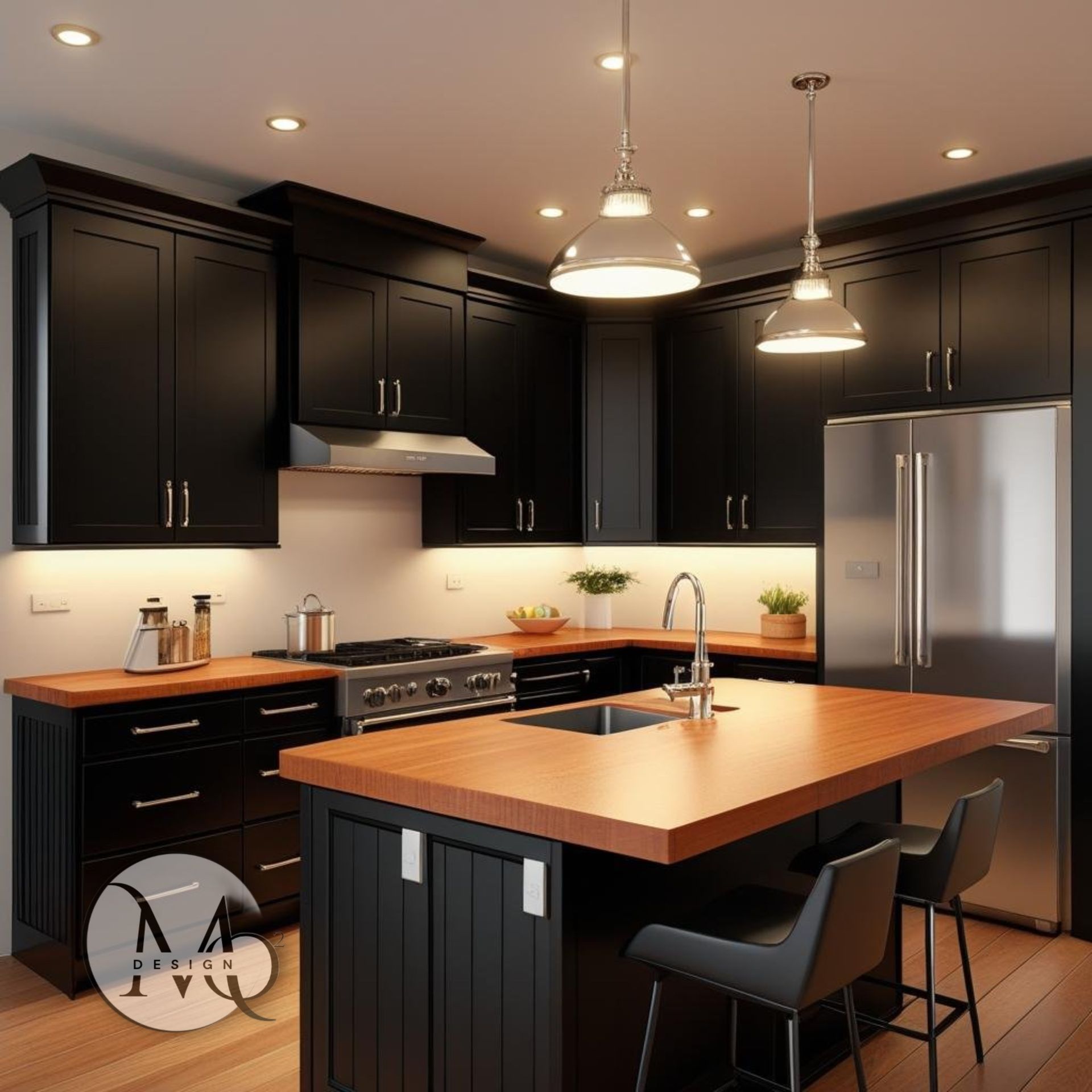 interior design harrow Black kitchen with wooden island, stainless steel appliances, and pendant lights.