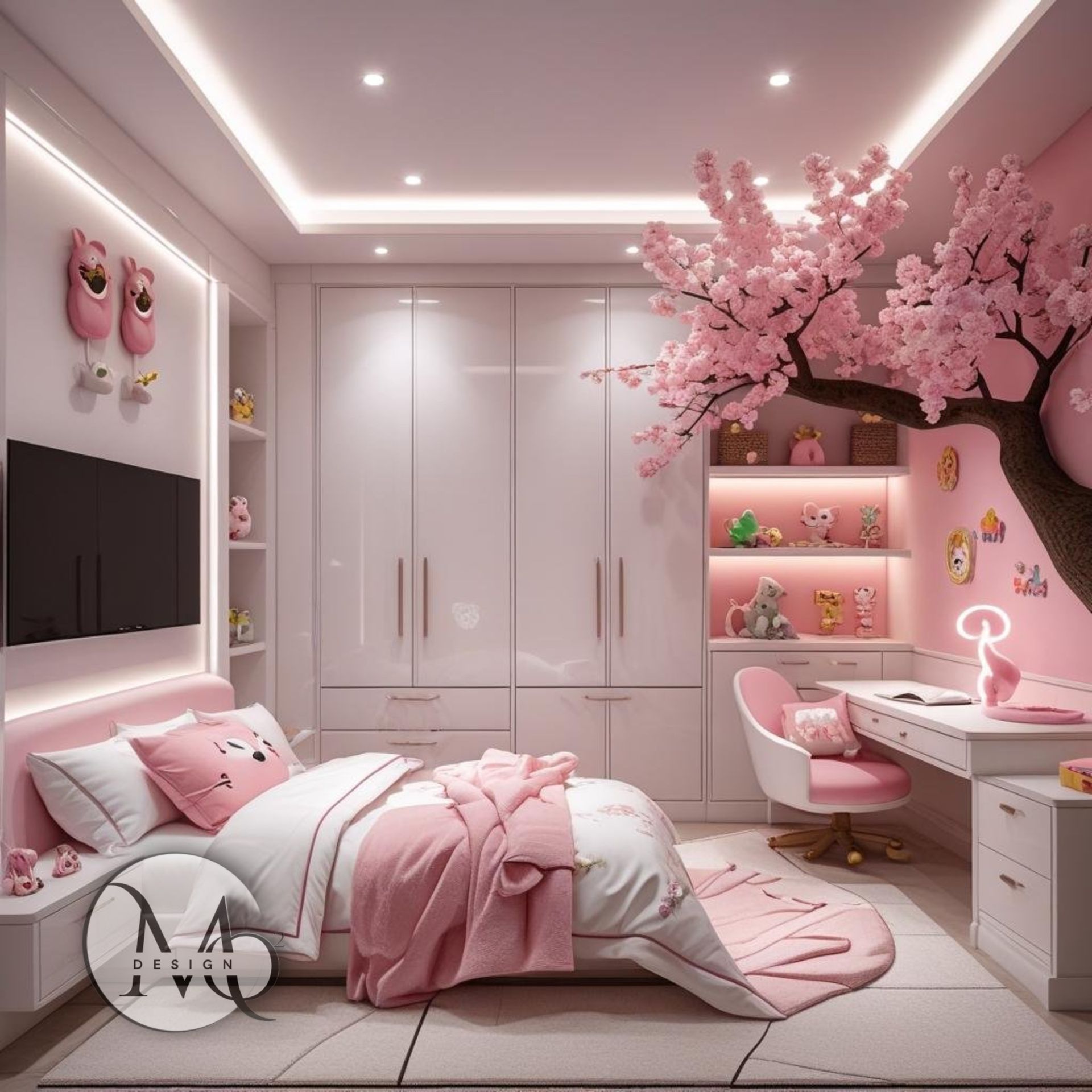interior designer ruislip Pink-themed girl's bedroom with a cherry blossom tree, desk, bed, and built-in white closet.