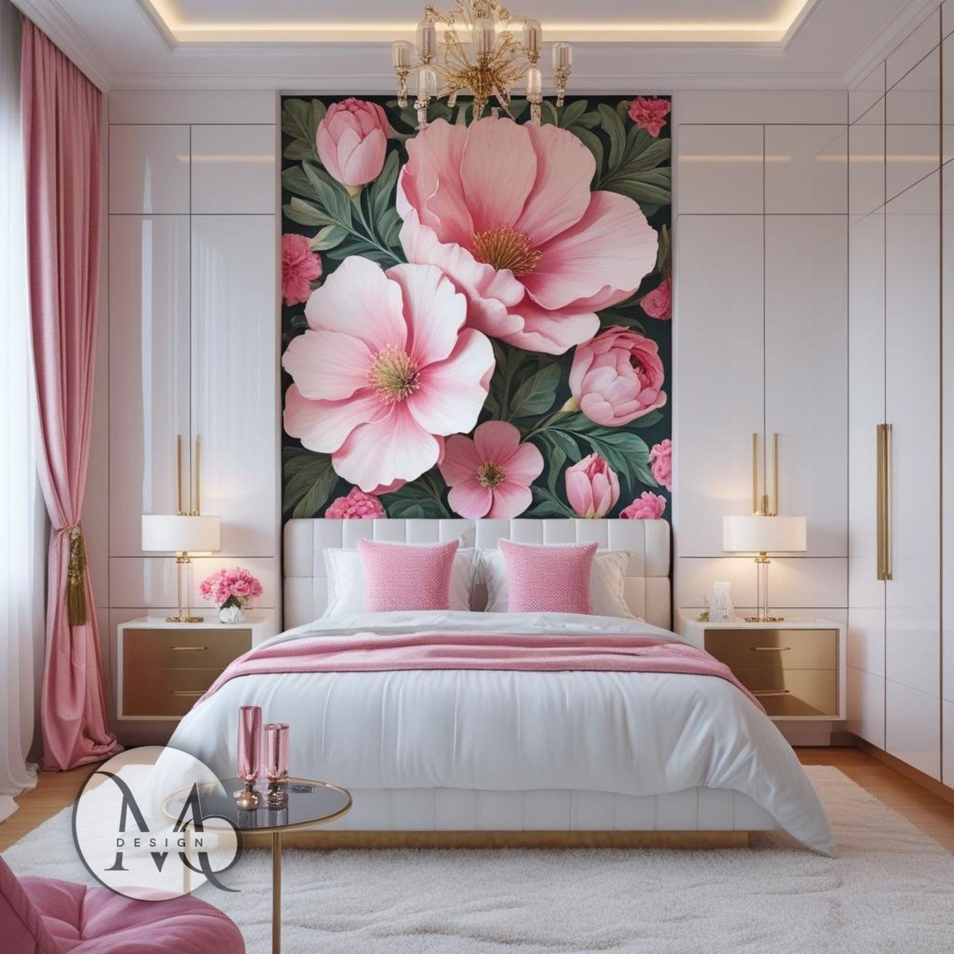 interior design Ruislip modern bedroom Ruislip Elegant bedroom with pink floral art, white bedding, gold accents, and pink curtains.