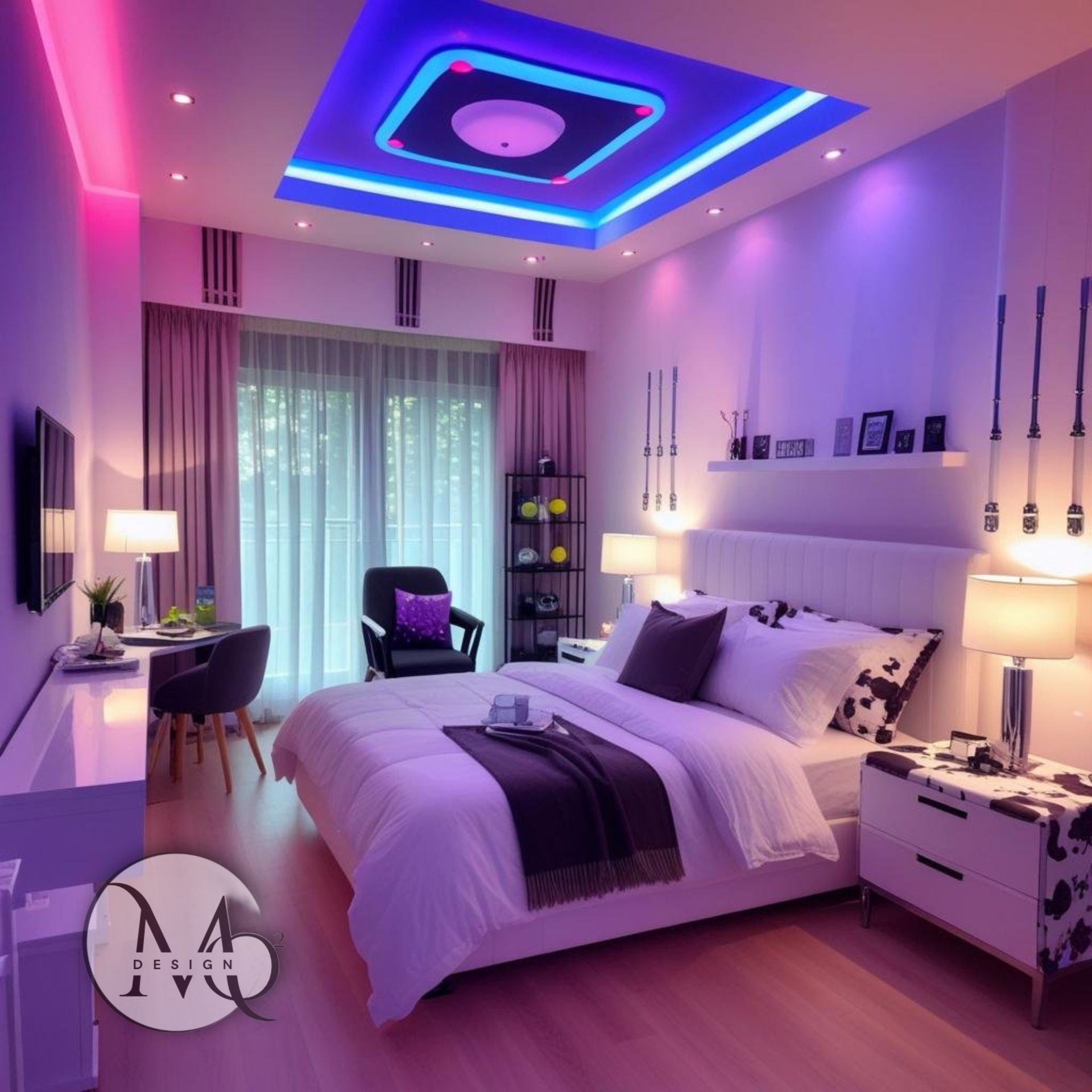 Interior designer harrow, Harrow interiors, gaming room A modern bedroom with purple and blue ambient lighting, a bed, desk, and accent decor.