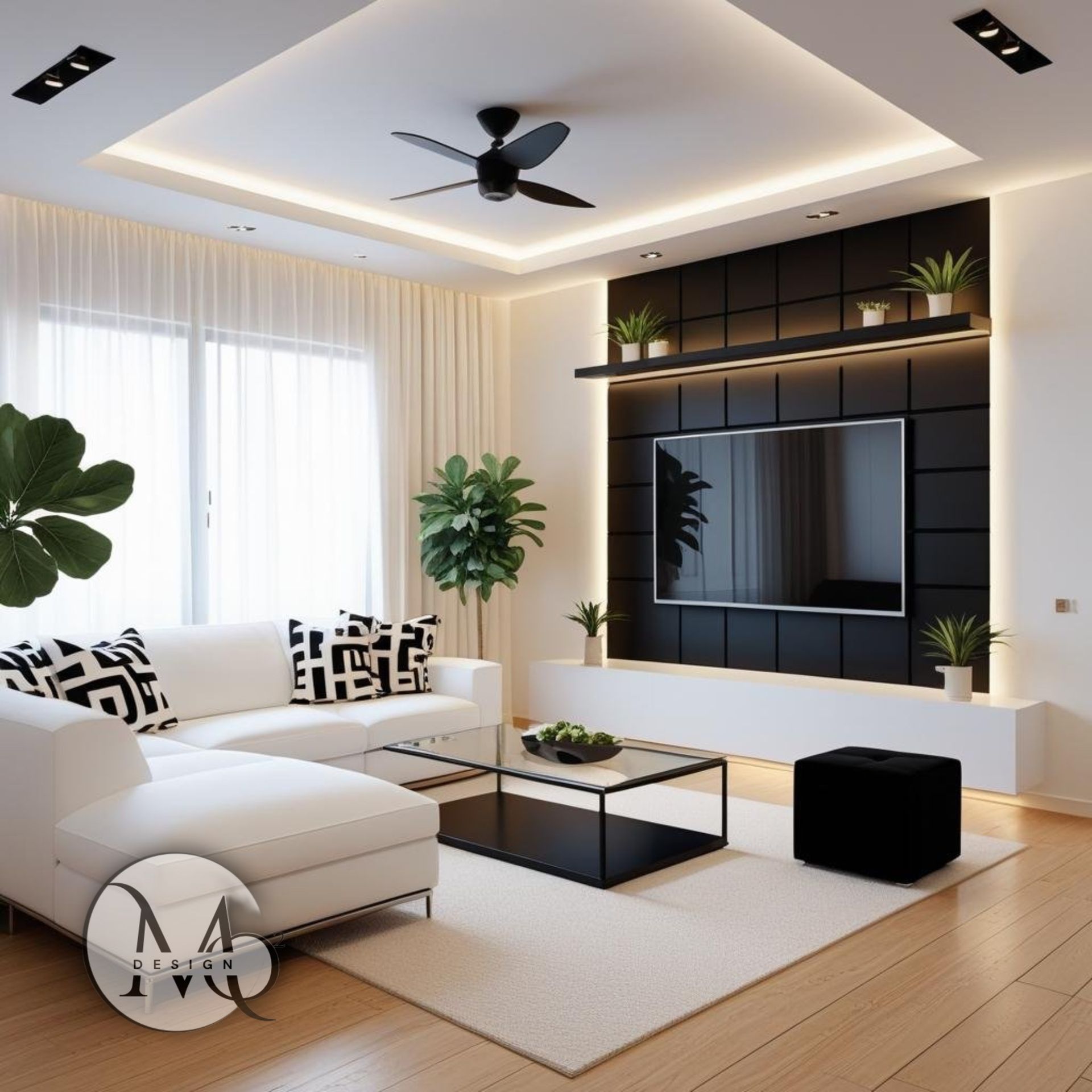 Hillingdon interiors, Modern living room with white sofa, black accent wall with TV, and plants.