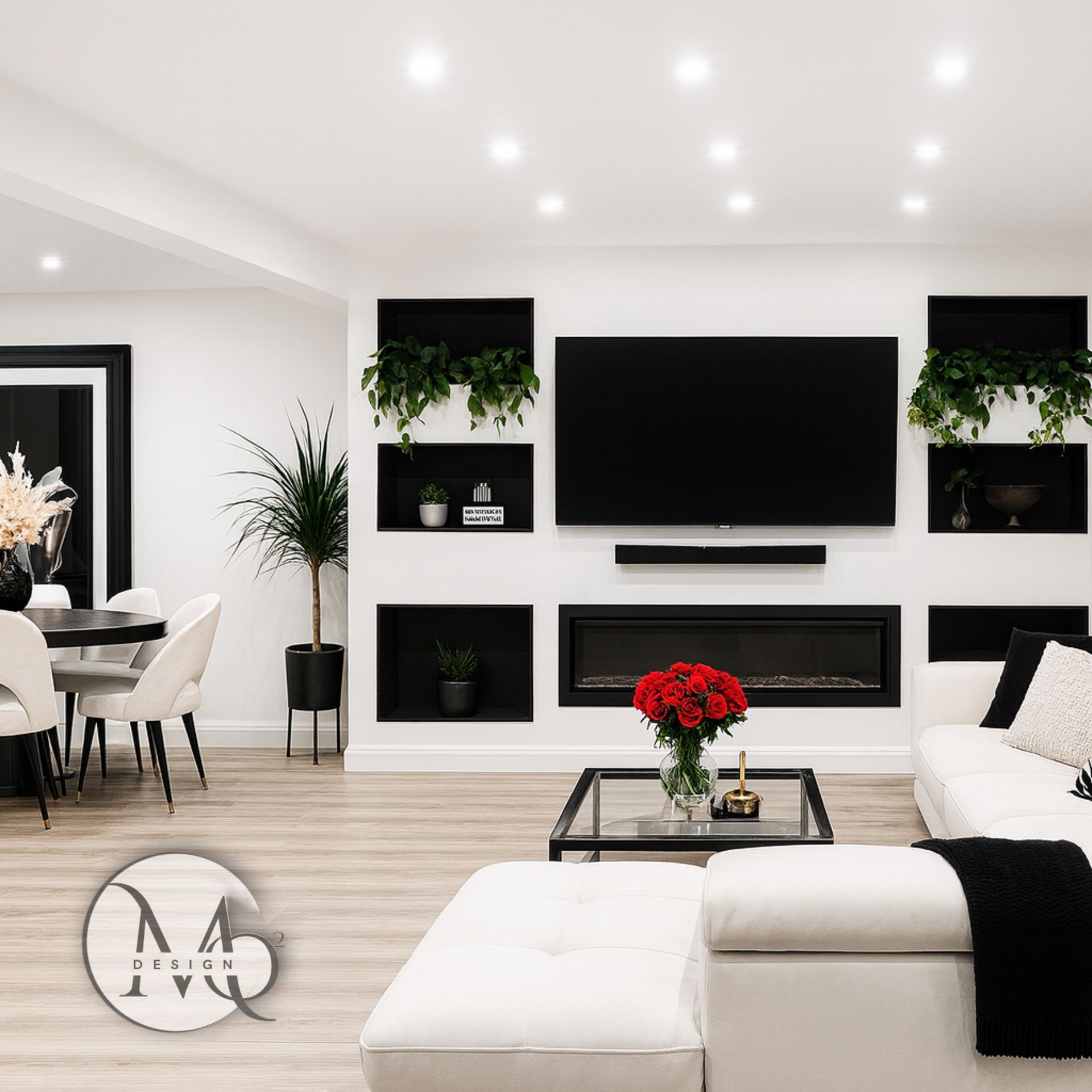 Interior design uxbridge Modern white living room with black accents, including a fireplace and built-in shelves with plants.