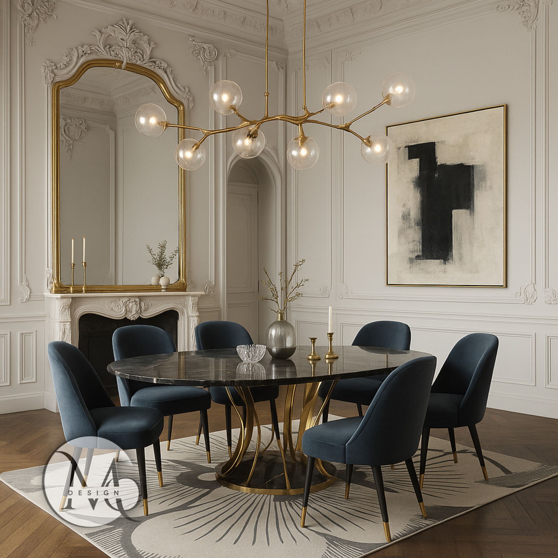 interior designer harrow Elegant dining room with oval table, velvet chairs, gold chandelier, ornate mirror, and abstract art.