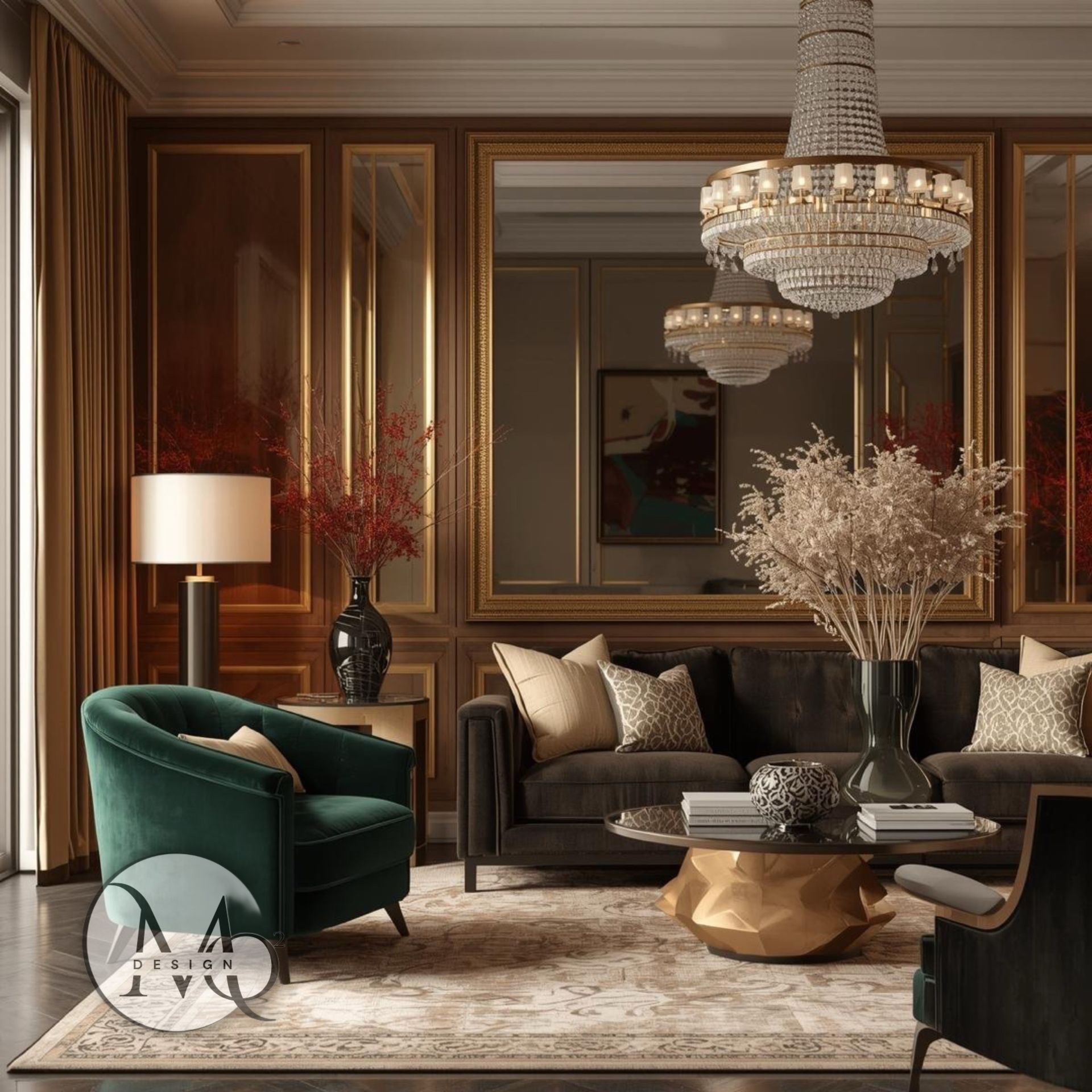 living room greenford Luxurious living room with velvet furniture, chandelier, and large mirror.