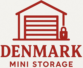 Logo of Denmark mini storage, red text on white background.