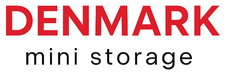 Logo of Denmark mini storage, red text on white background.