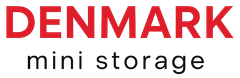 Logo of Denmark mini storage, red text on white background.