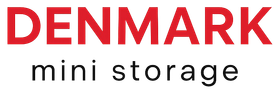 Logo of Denmark mini storage, red text on white background.