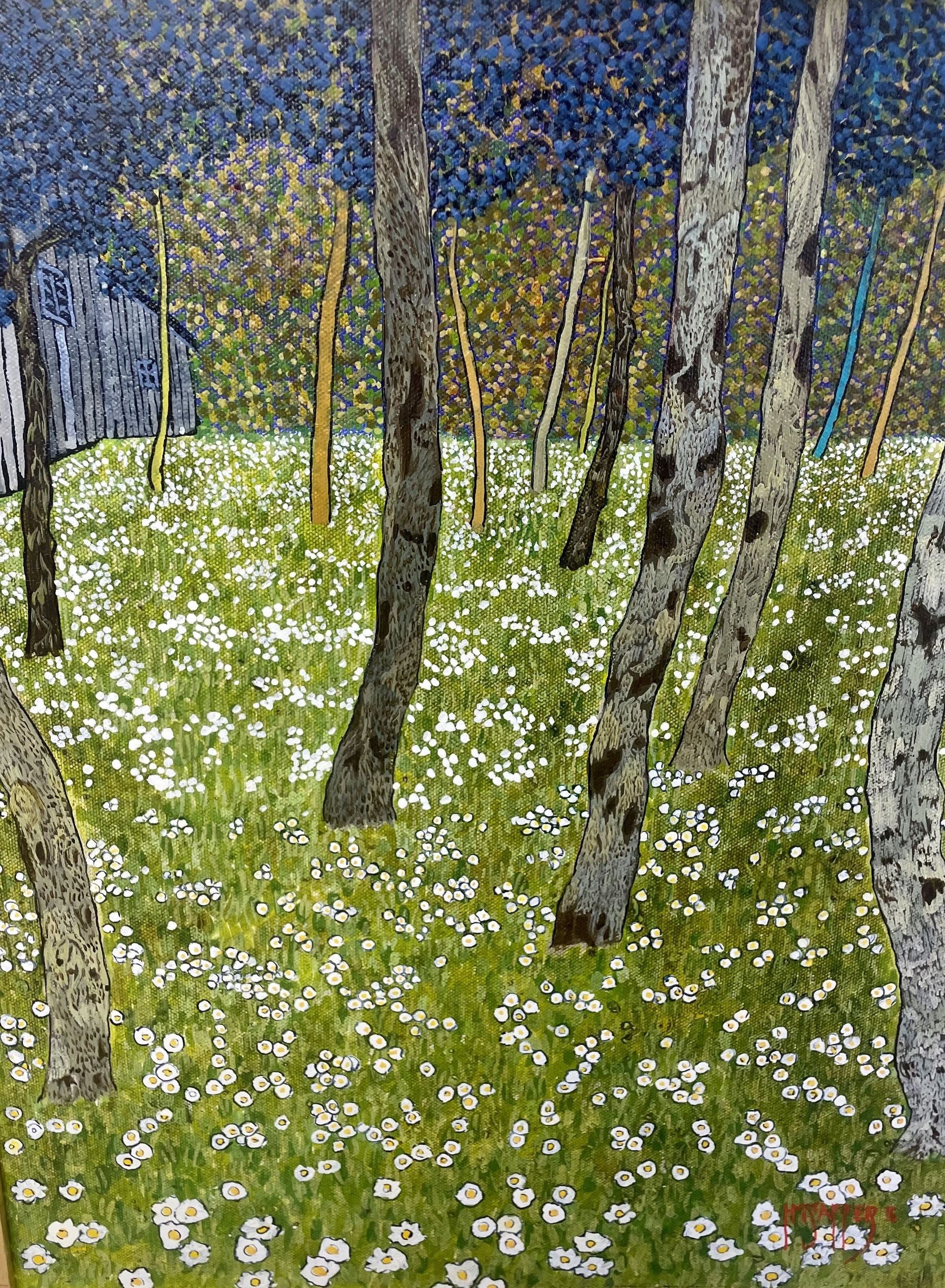 A painting of a forest filled with trees and flowers.