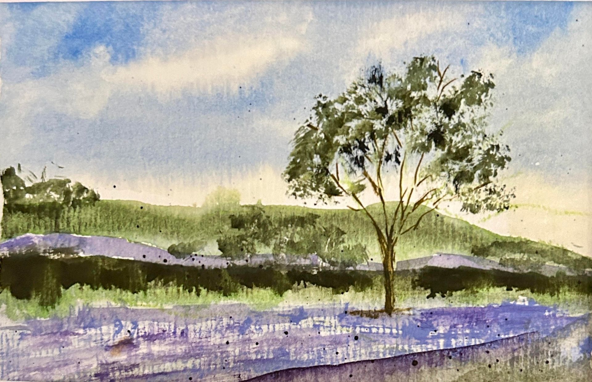 A watercolor painting of a tree in a field